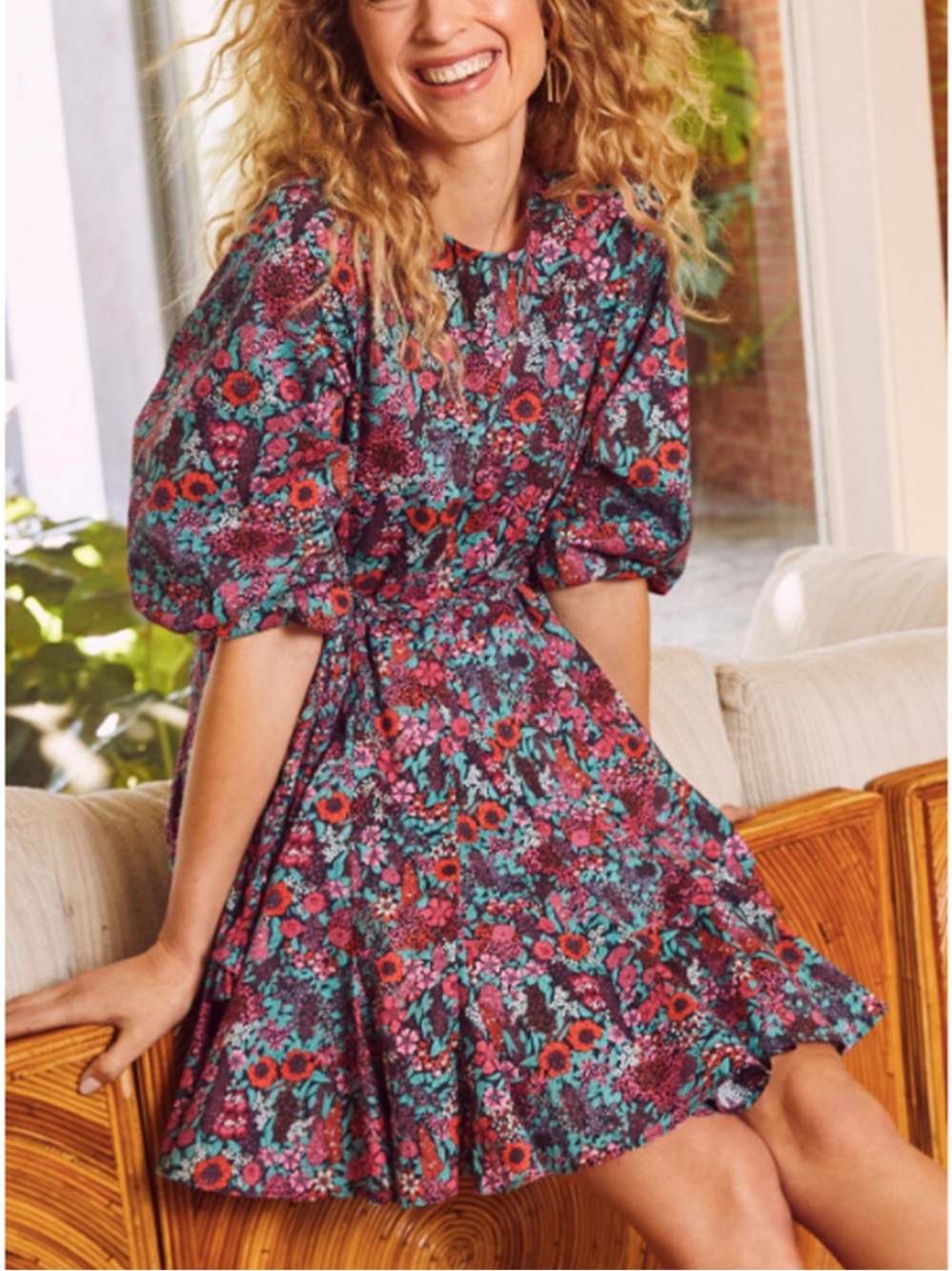 Evereve Sutton Floral Puff-Sleeve Mini Dress Size Small